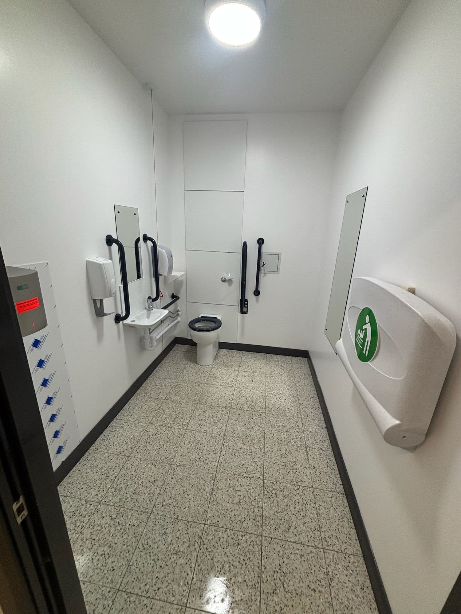 Accessible washroom with grab rails, baby change unit and gleaming speckled floor